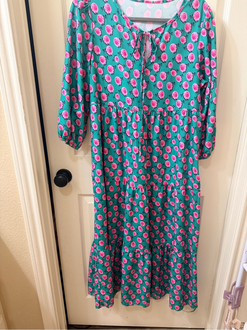 Women’s Teal Floral Tie-Neck Midi Dress